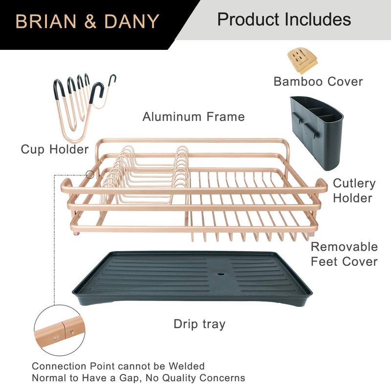 BRIAN & DANY Aluminum Dish Drying Rack, Dish Racks for Kitchen Counter, Dish Drainer with Removable Cutlery Holder & Cup Holder, Unique 360Â° Swivel Spout Drainboard, 16.5" L x 11.8" W, Golden - Image 5